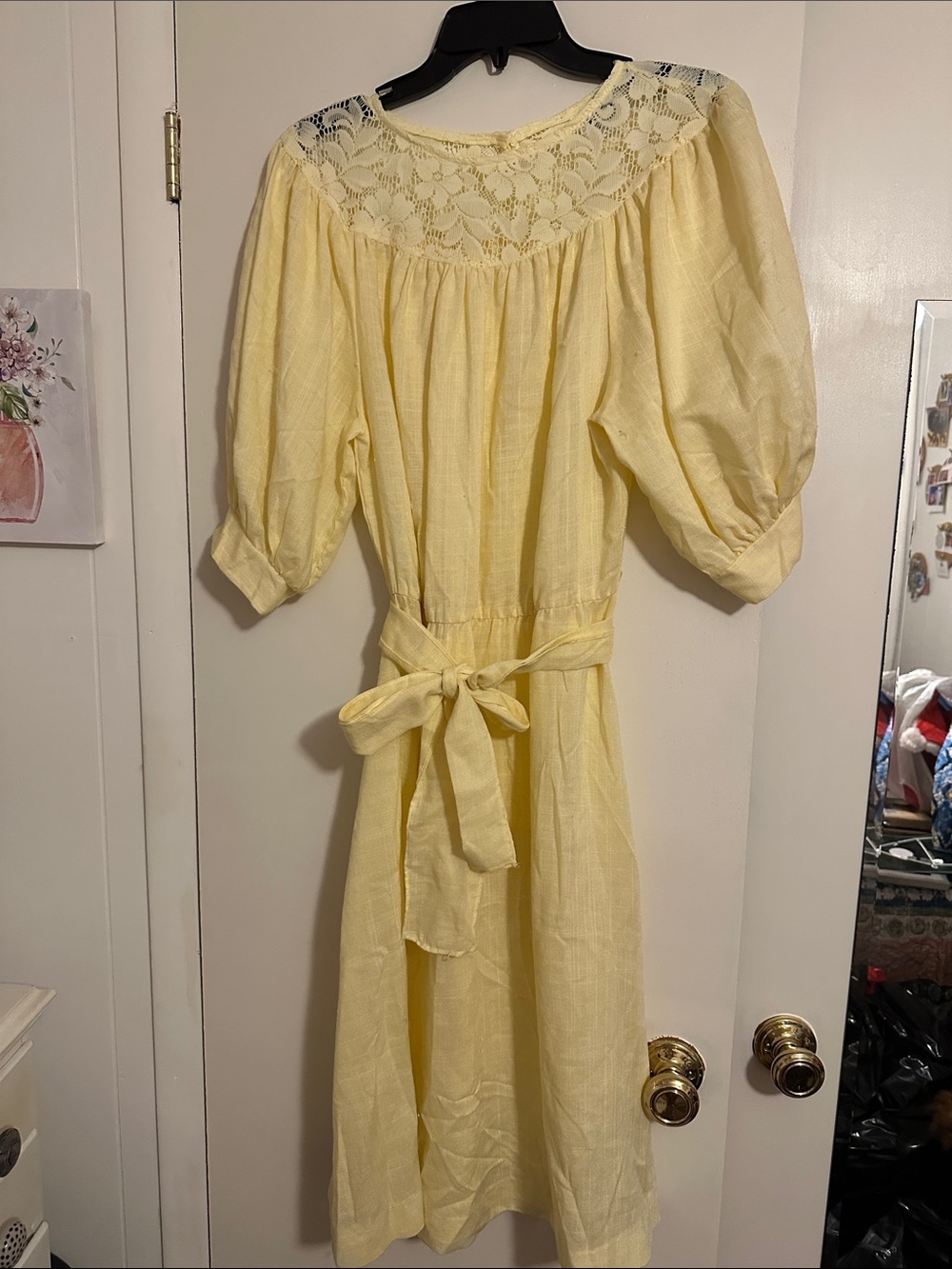 Soft Yellow Lace-Yoke Midi Dress with Tie Waist